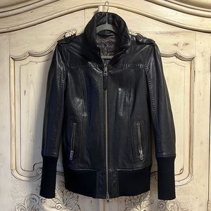 Mackage Black Leather jacket with rib knit hem and cuffs, size large